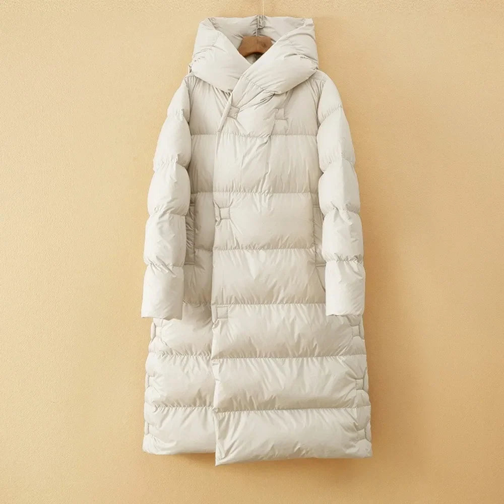 Women's Long Down Puffer Coat with Hood and Zip Front