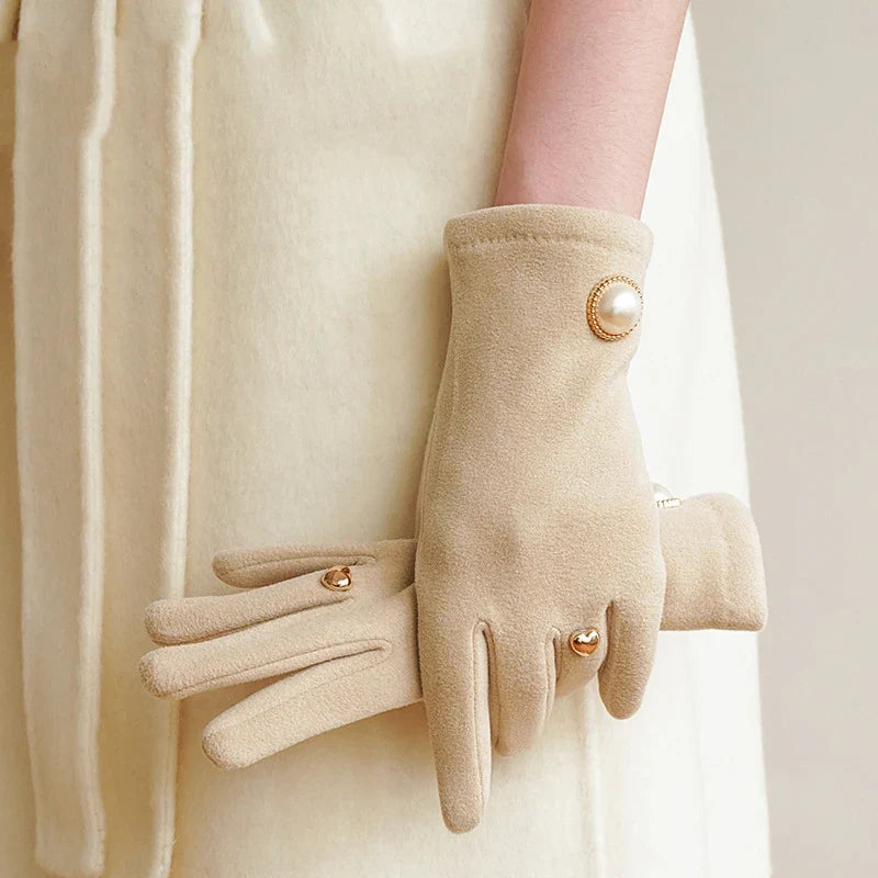 Women's Suede Touchscreen Gloves with Pearl Embellishment