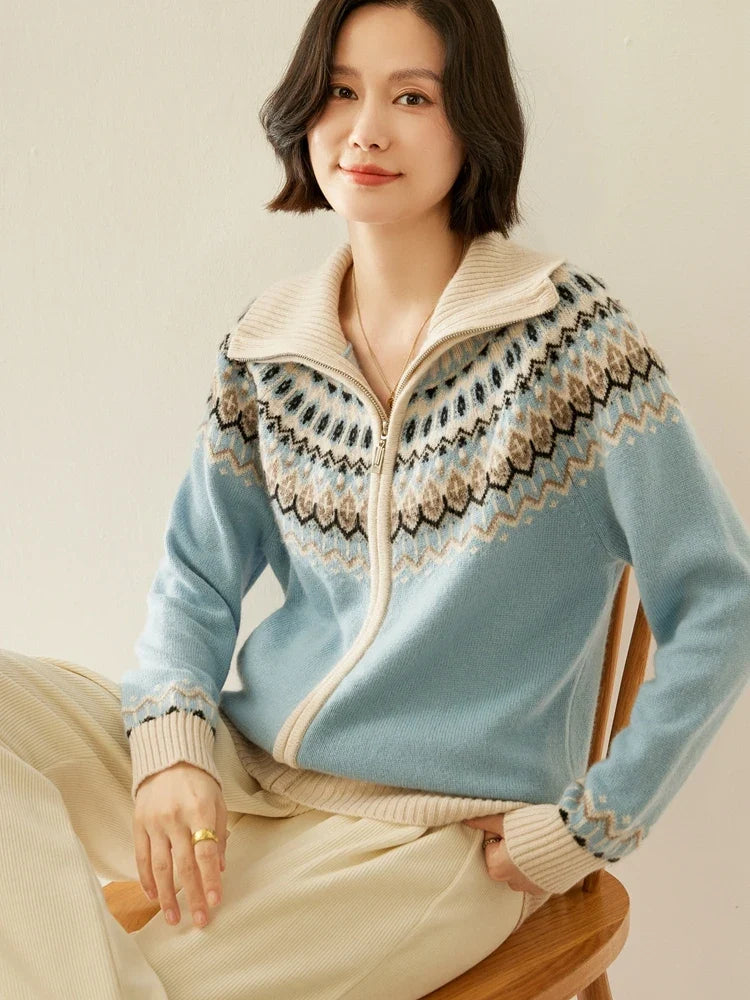 Women's Cashmere Zip Up Cardigan with Fair Isle Pattern and Ribbed Trim