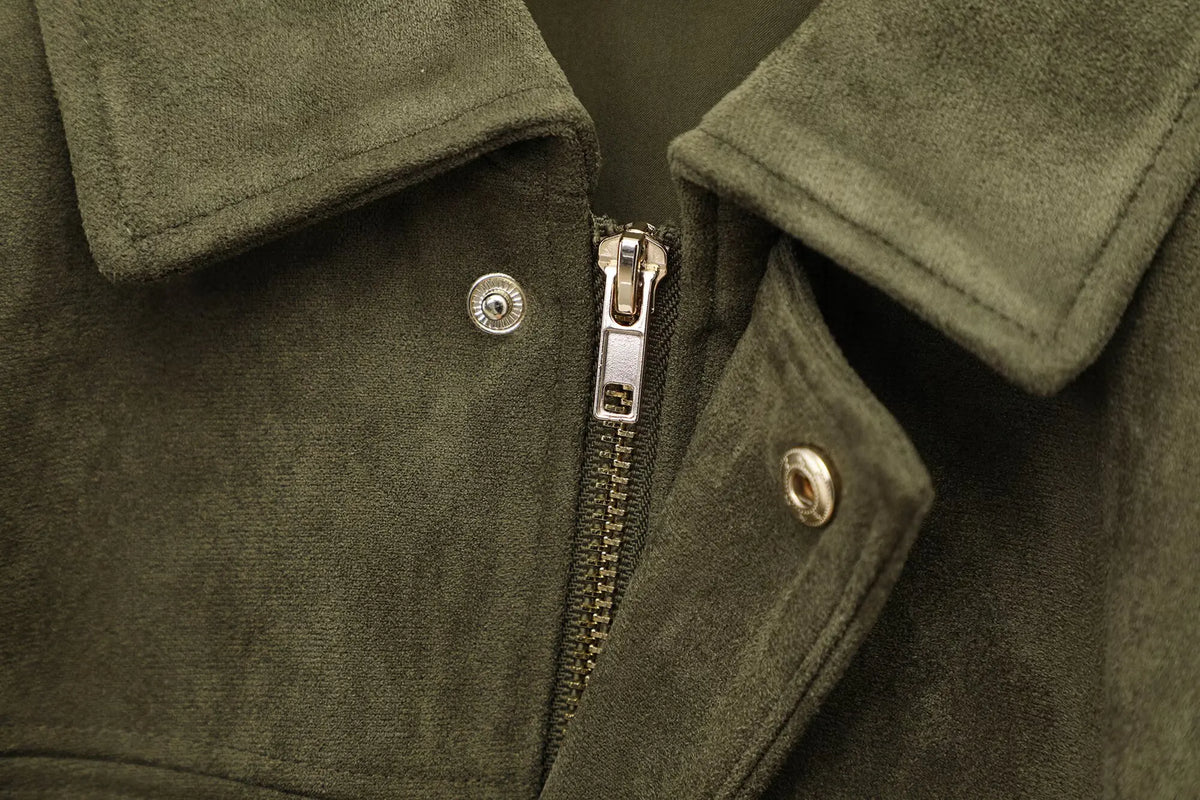 Women's Suede Bomber Jacket with Collar and Zip Front Closure