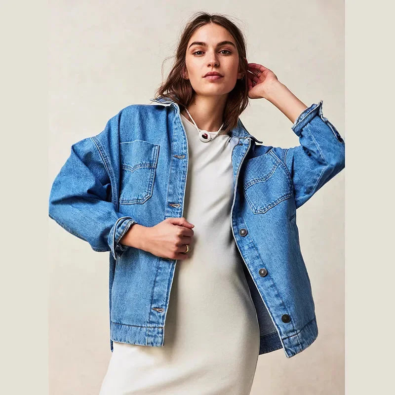 Women's Oversized Denim Shirt Jacket with Button Front and Pockets