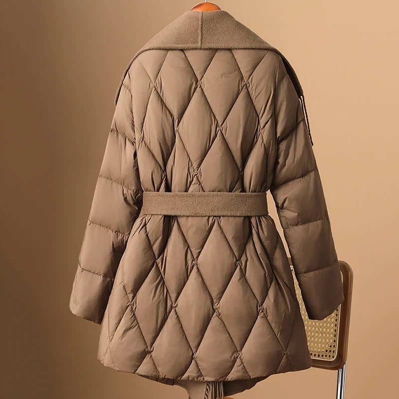 Women's Quilted Down Coat with Fringe Detail and Belted Waist