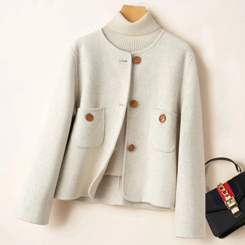 Women's Collarless Wool Jacket with Button Front and Front Pockets