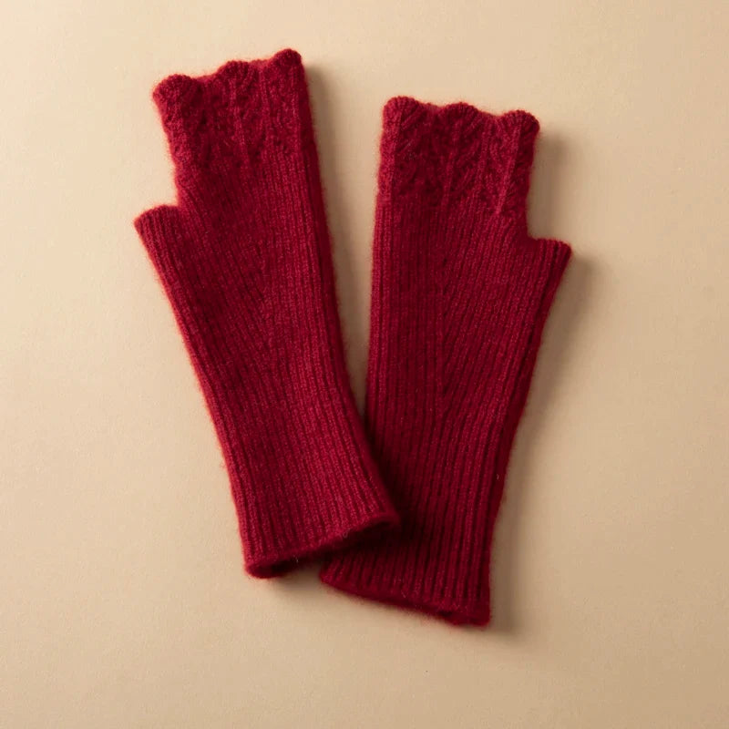 Women's Cashmere Fingerless Gloves with Ribbed Knit Texture