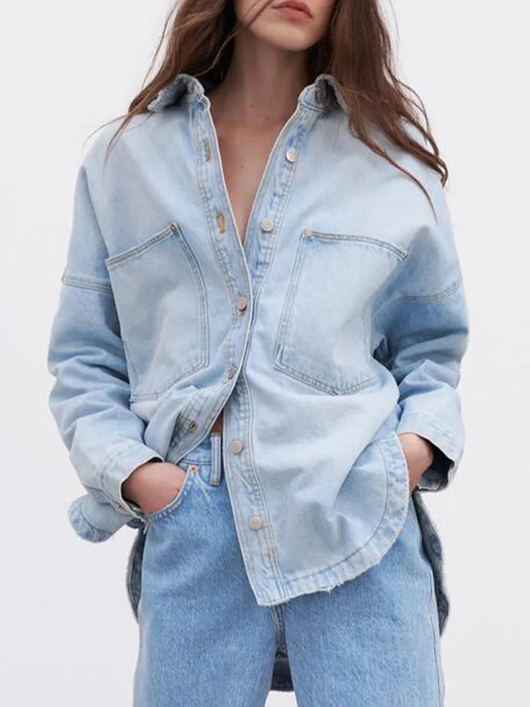 Women's Oversized Denim Shirt with Button Front and Chest Pockets