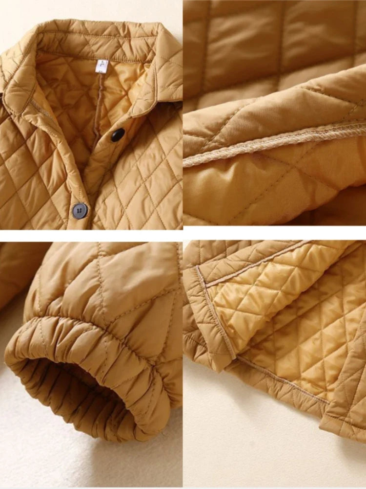 Women's Long Quilted Coat with Drawstring Waist and Button Front