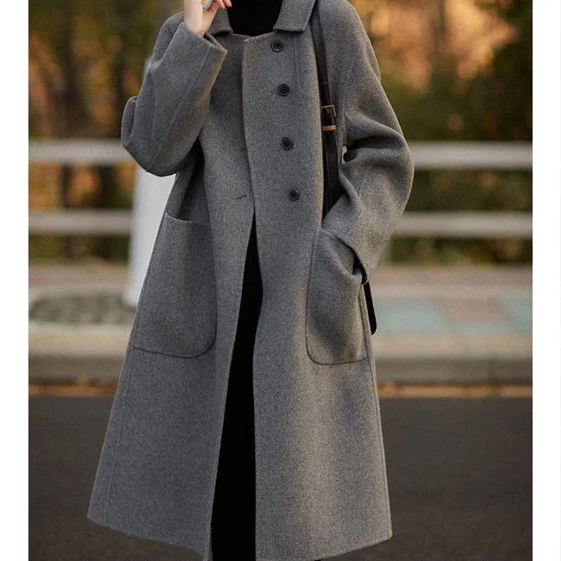 Women's Long Wool Blend Overcoat with Funnel Neck and Button Front