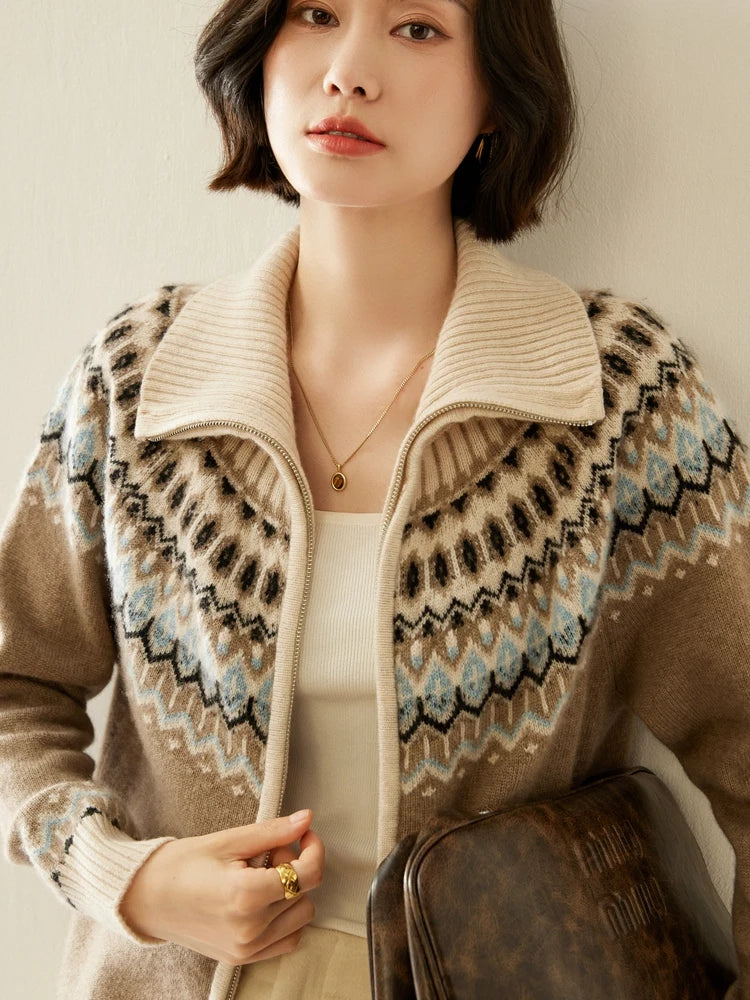Women's Cashmere Zip Up Cardigan with Fair Isle Pattern and Ribbed Trim