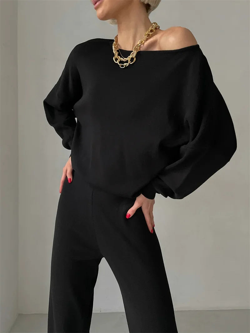 Women's Off Shoulder Knit Sweater and Pants Set with Wide Neck