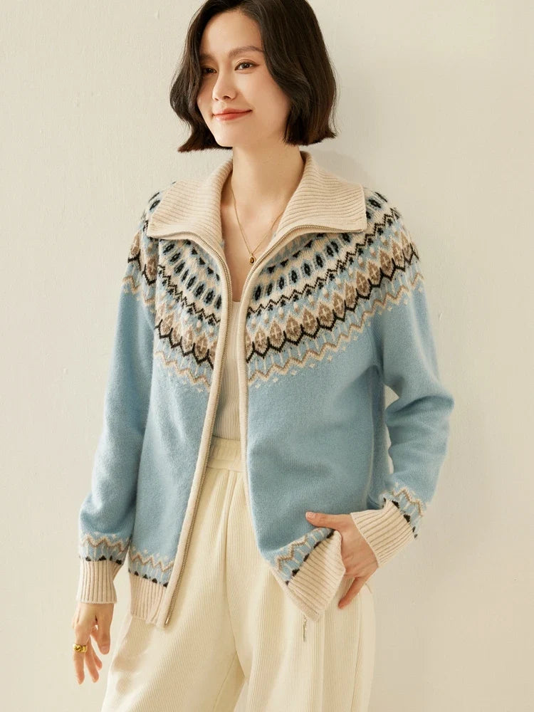 Women's Cashmere Zip Up Cardigan with Fair Isle Pattern and Ribbed Trim