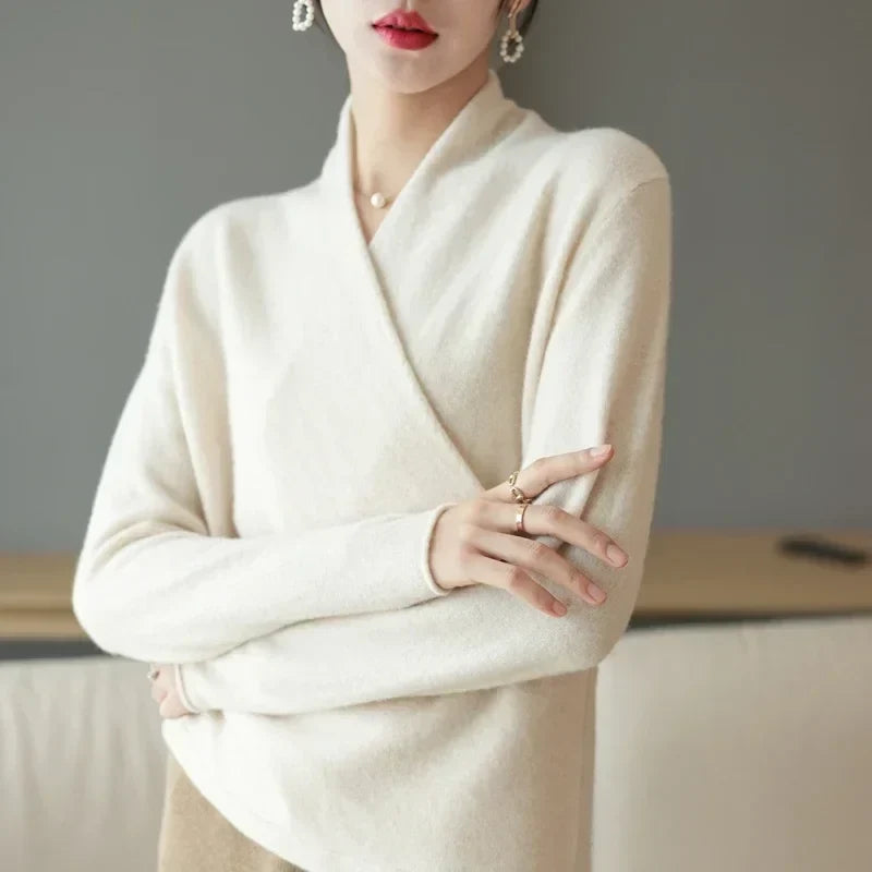 Women's V Neck Knit Sweater with Wrap Front and Long Sleeves