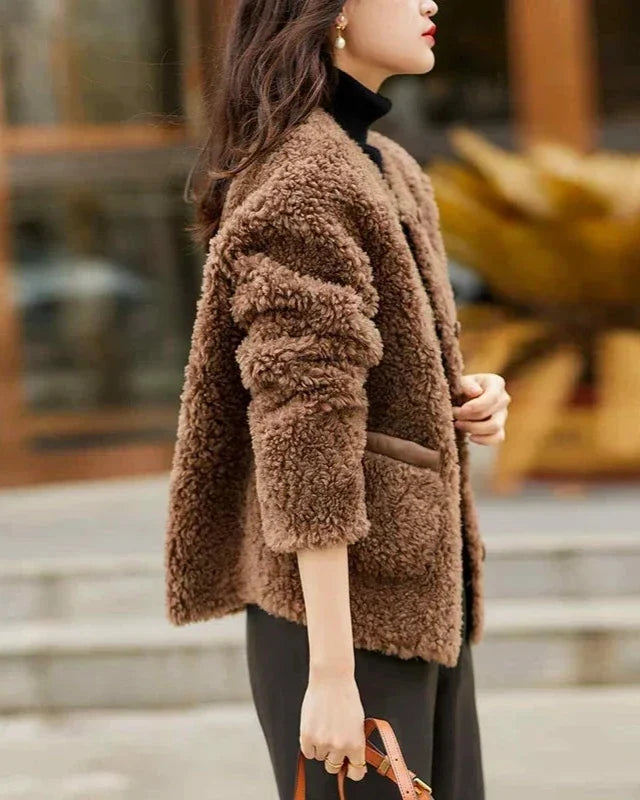 Women's Teddy Fleece Coat with Button Front and Front Pockets