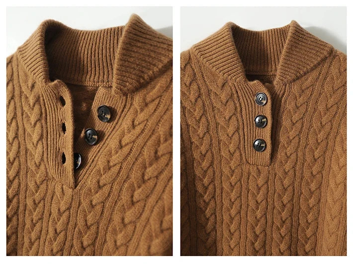 Men's Cashmere Cable Knit Sweater with Button Neck and Long Sleeves