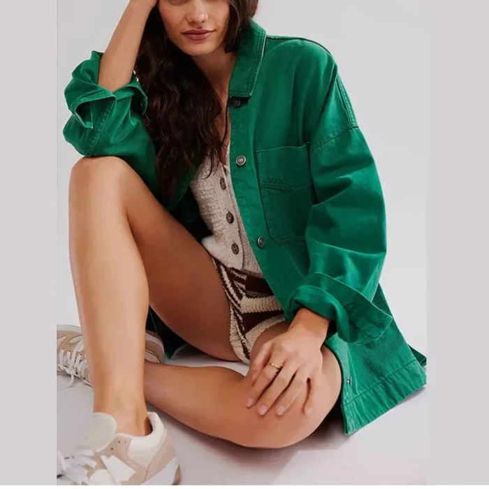 Women's Oversized Denim Shirt Jacket with Button Front and Pockets