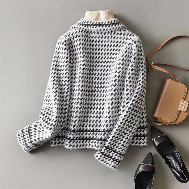 Women's Houndstooth Knit Jacket with Double Breasted Button Front
