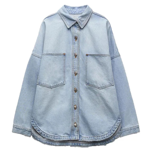 Women's Oversized Denim Shirt with Button Front and Chest Pockets
