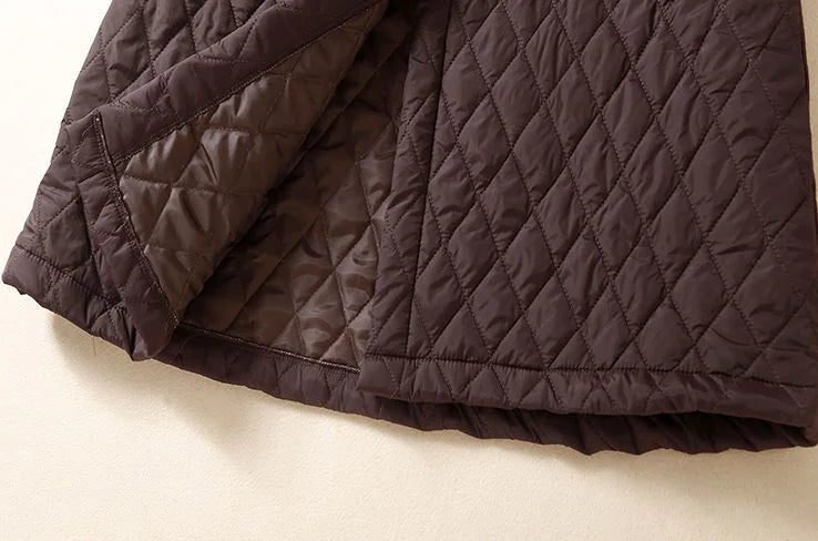 Women's Long Quilted Coat with Drawstring Waist and Button Front