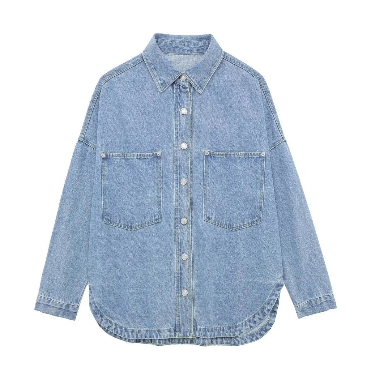 Women's Oversized Denim Shirt with Button Front and Chest Pockets