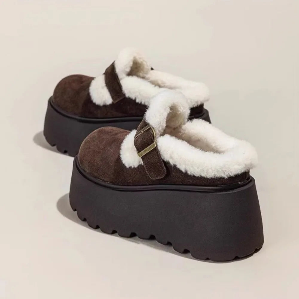 Women's Shearling Platform Clogs with Buckle Strap and Chunky Sole