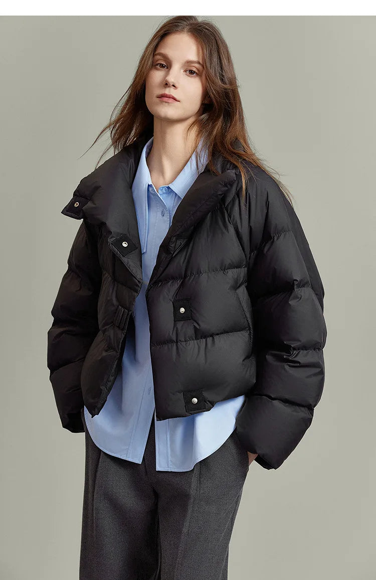 Women's Cropped Quilted Puffer Jacket with High Collar and Snap Buttons