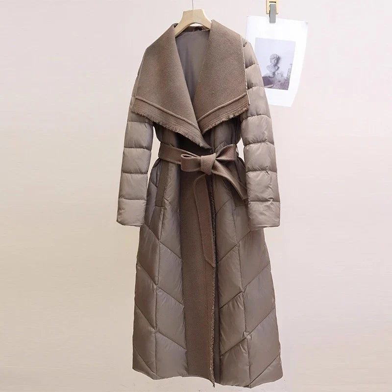 Women's Long Down Coat with Wool Trim and Open Front Design