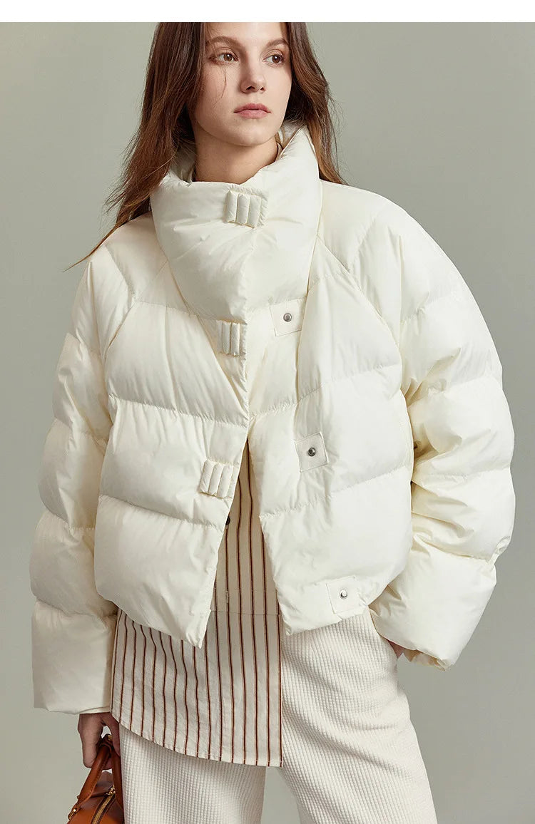 Women's Cropped Quilted Puffer Jacket with High Collar and Snap Buttons