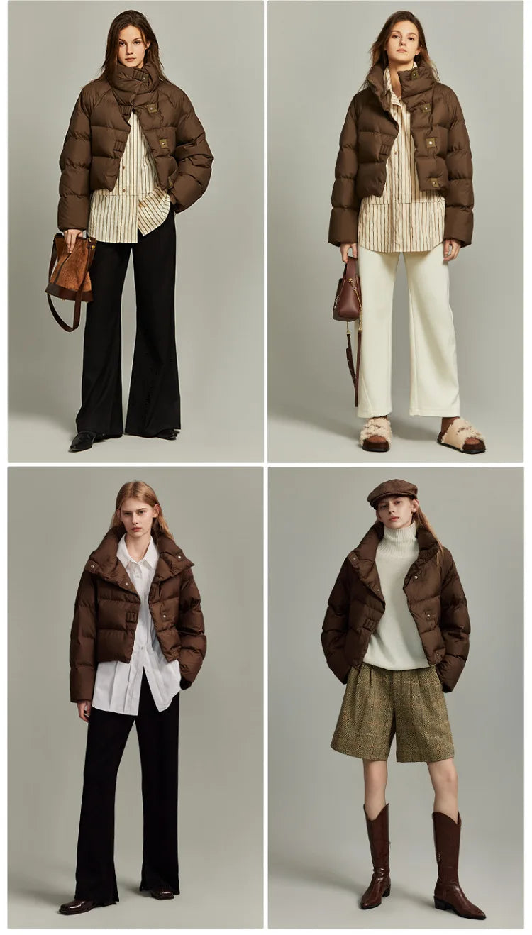 Women's Cropped Quilted Puffer Jacket with High Collar and Snap Buttons