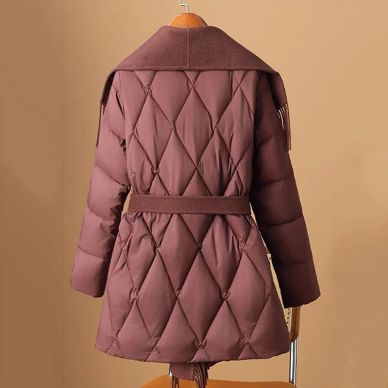 Women's Quilted Down Coat with Fringe Detail and Belted Waist