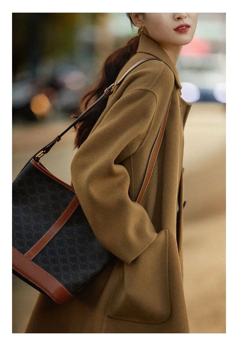 Women's Long Wool Blend Overcoat with Funnel Neck and Button Front
