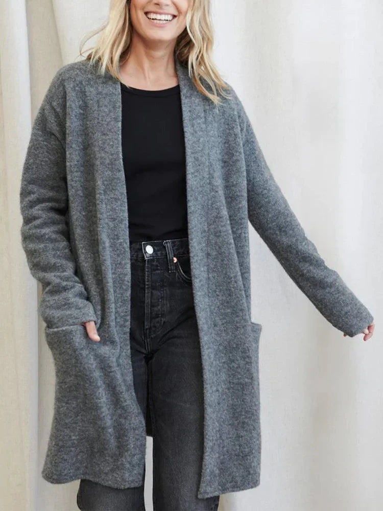 Women's Open Front Knit Cardigan with Pockets and Long Sleeves