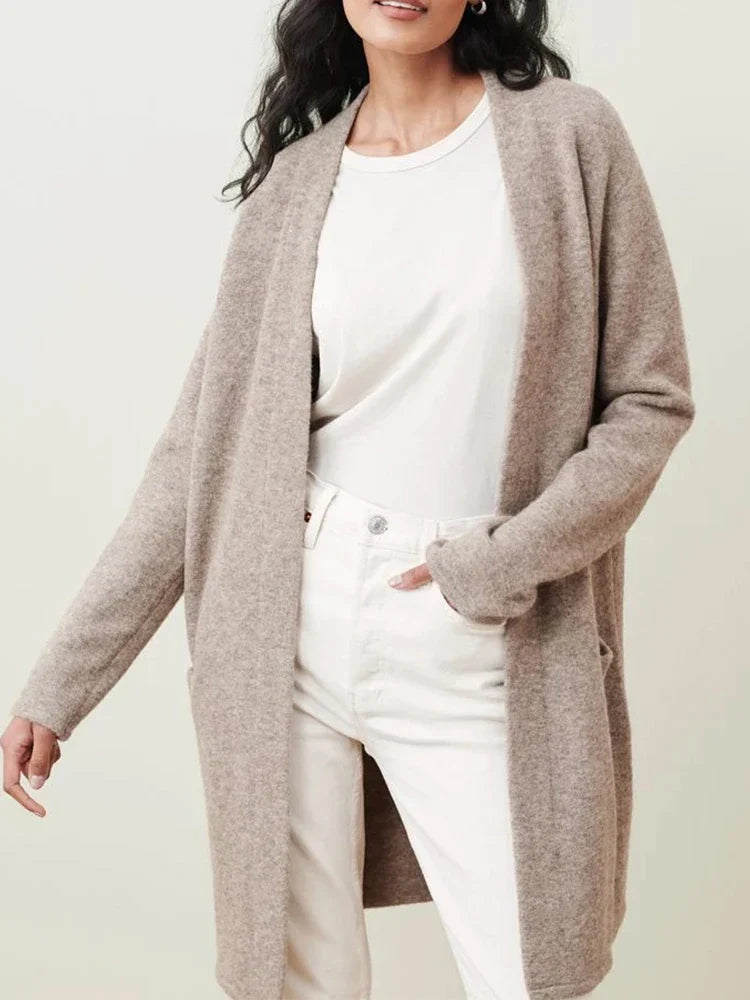 Women's Open Front Knit Cardigan with Pockets and Long Sleeves