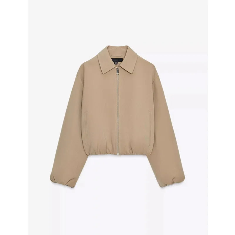 Women's Cropped Lightweight Puffer Jacket with Full Zip and Collar