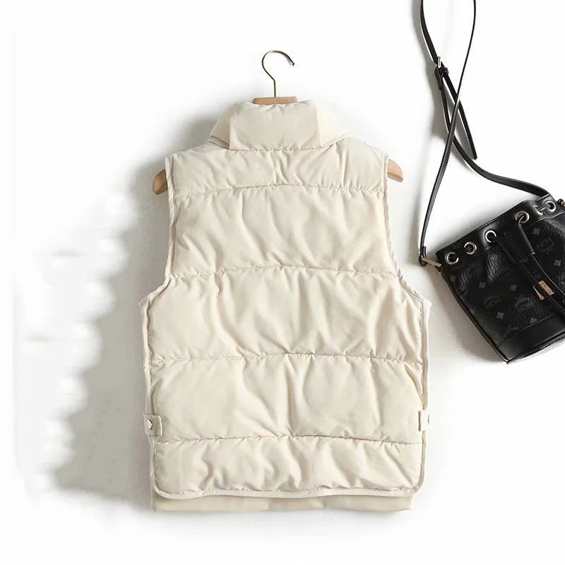 Women's Quilted Puffer Vest with Snap Button Front and Pockets