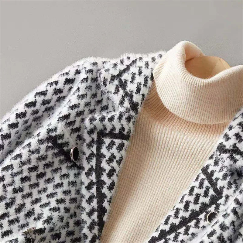 Women's Houndstooth Knit Jacket with Double Breasted Button Front