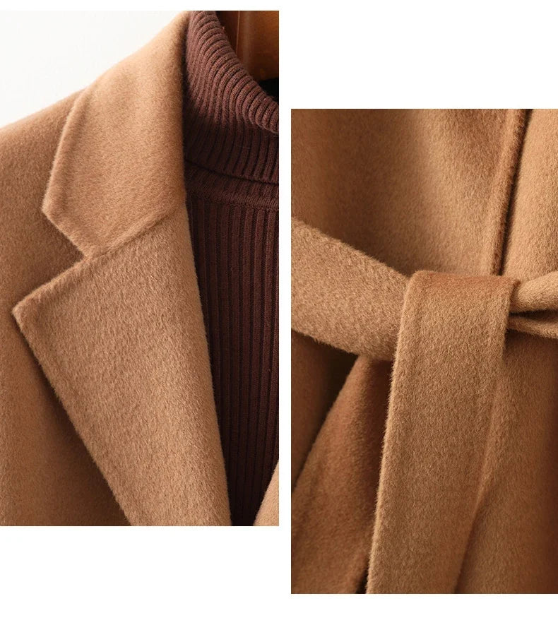 Women's Wool Blend Coat with Tie Belt and Notch Lapel