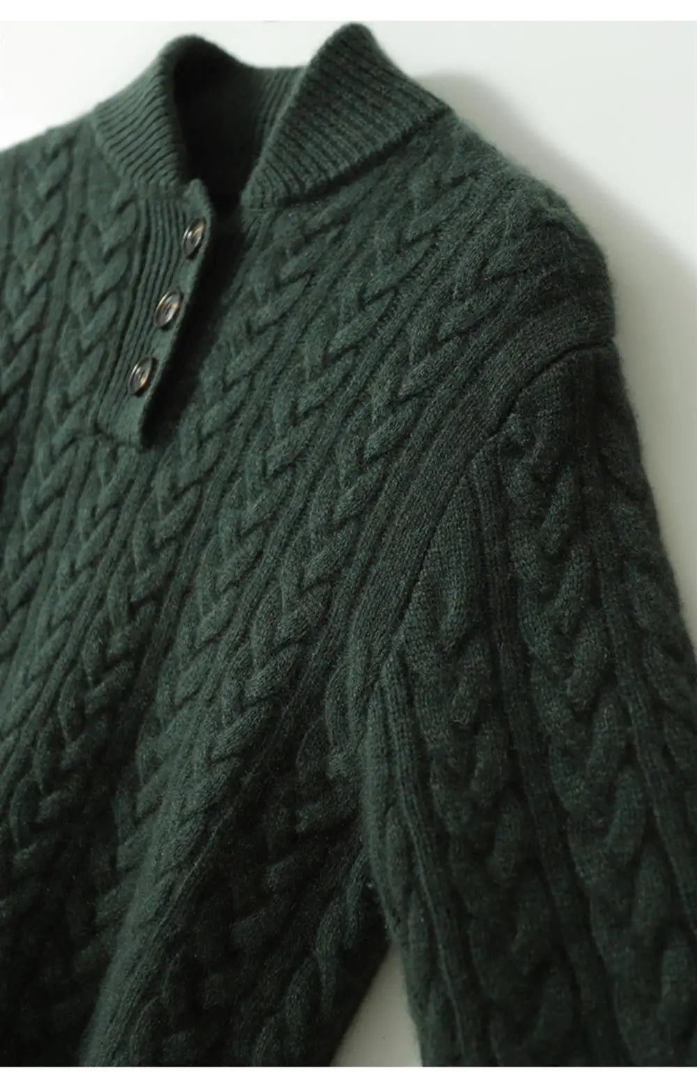 Men's Cashmere Cable Knit Sweater with Button Neck and Long Sleeves