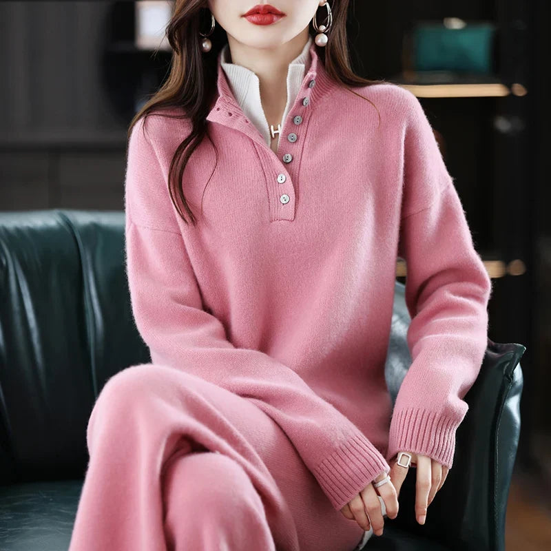 Women's Cashmere Polo Sweater and Pants Set with Button Neck