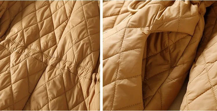 Women's Long Quilted Coat with Drawstring Waist and Button Front