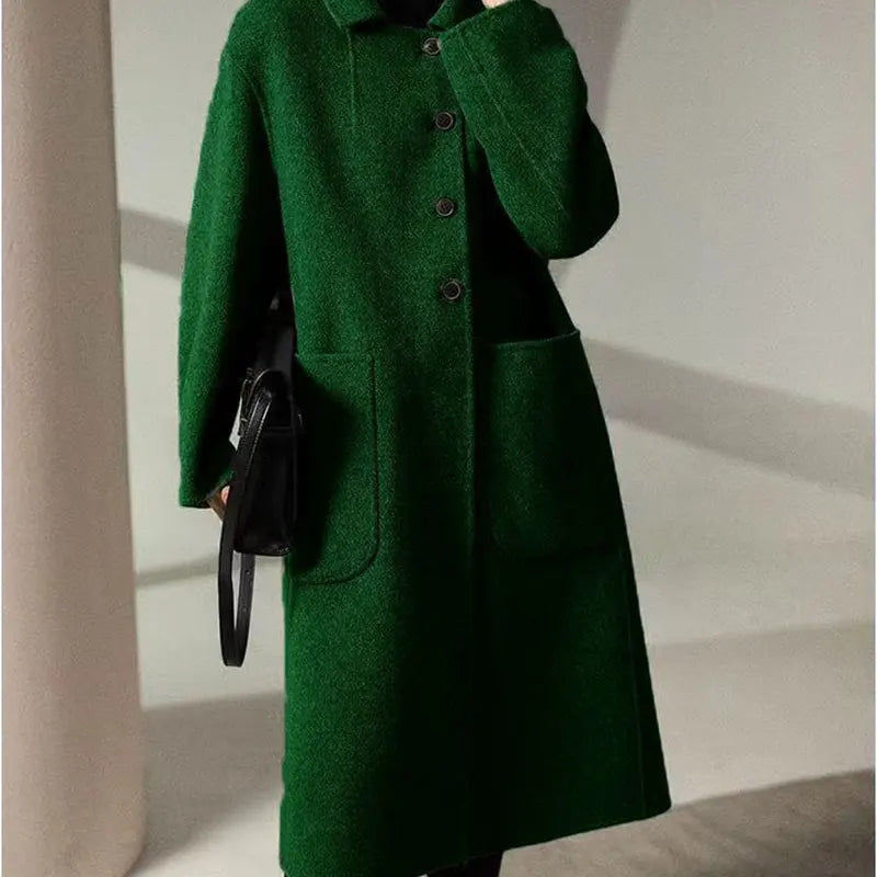 Women's Long Wool Blend Overcoat with Funnel Neck and Button Front