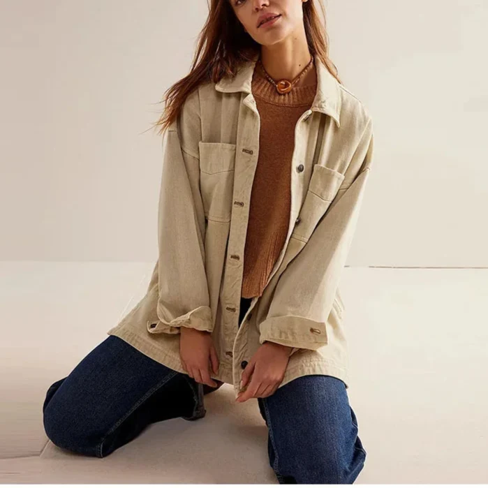 Women's Oversized Denim Shirt Jacket with Button Front and Pockets