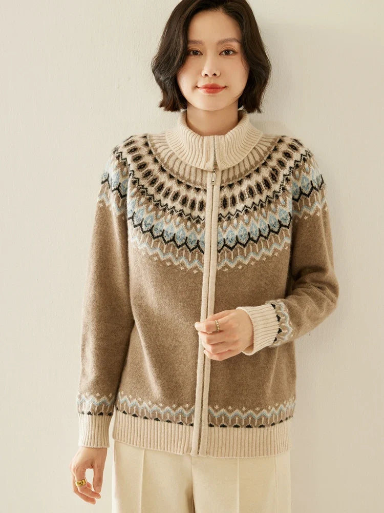Women's Cashmere Zip Up Cardigan with Fair Isle Pattern and Ribbed Trim