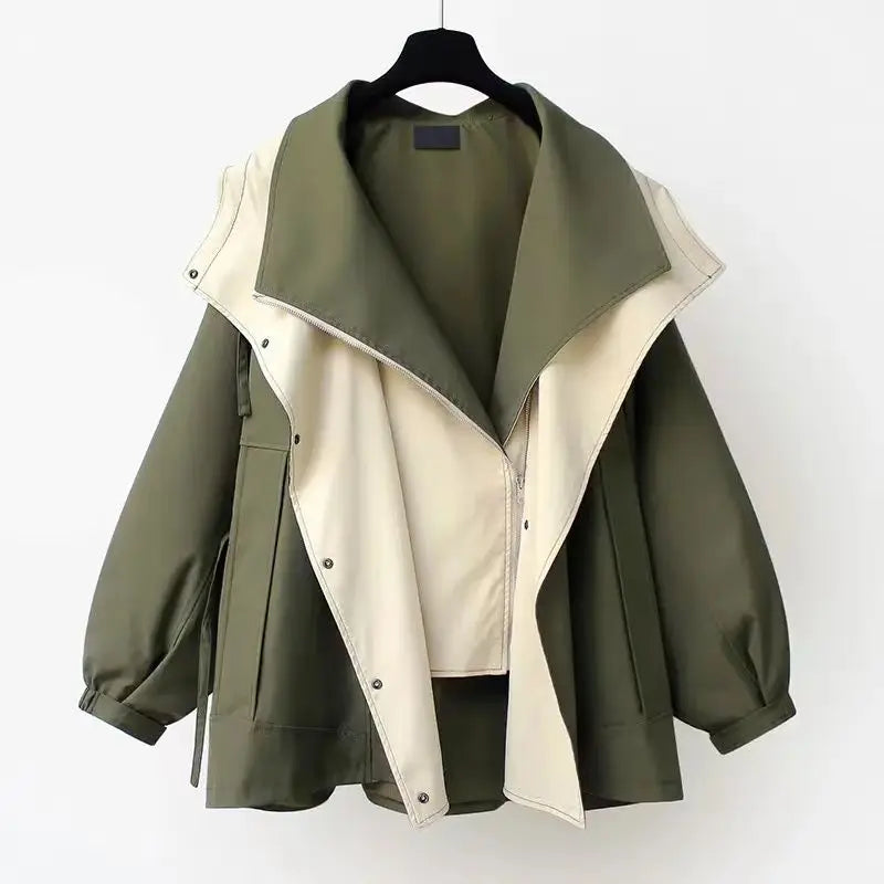 Women's Two Tone Windbreaker Jacket with Wide Lapels and Button Front