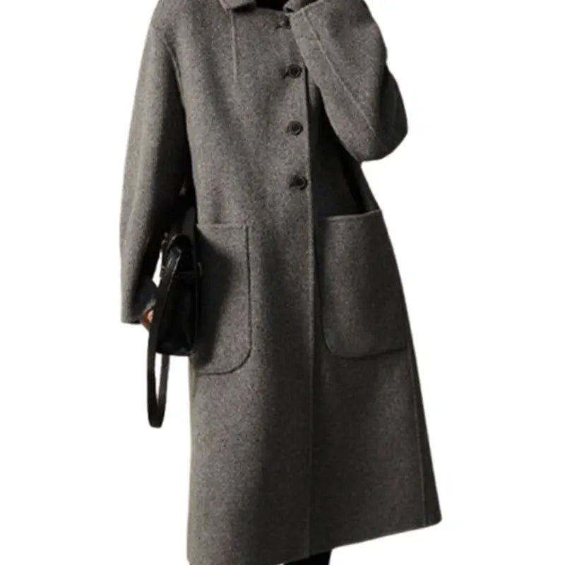 Women's Long Wool Blend Overcoat with Funnel Neck and Button Front