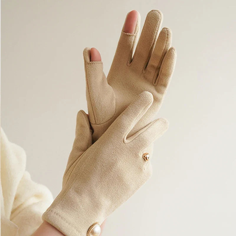 Women's Suede Touchscreen Gloves with Pearl Embellishment