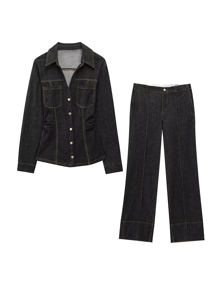 Women's Button Front Denim Shirt and Wide Leg Jeans Set