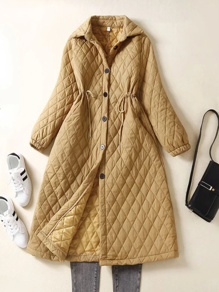 Women's Long Quilted Coat with Drawstring Waist and Button Front