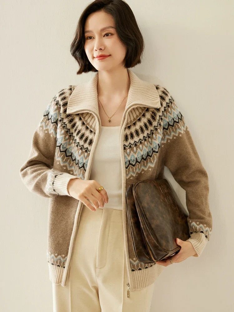 Women's Cashmere Zip Up Cardigan with Fair Isle Pattern and Ribbed Trim