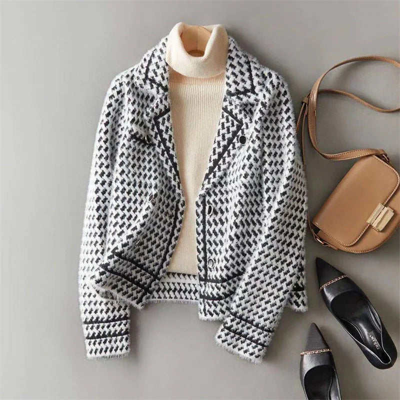 Women's Houndstooth Knit Jacket with Double Breasted Button Front