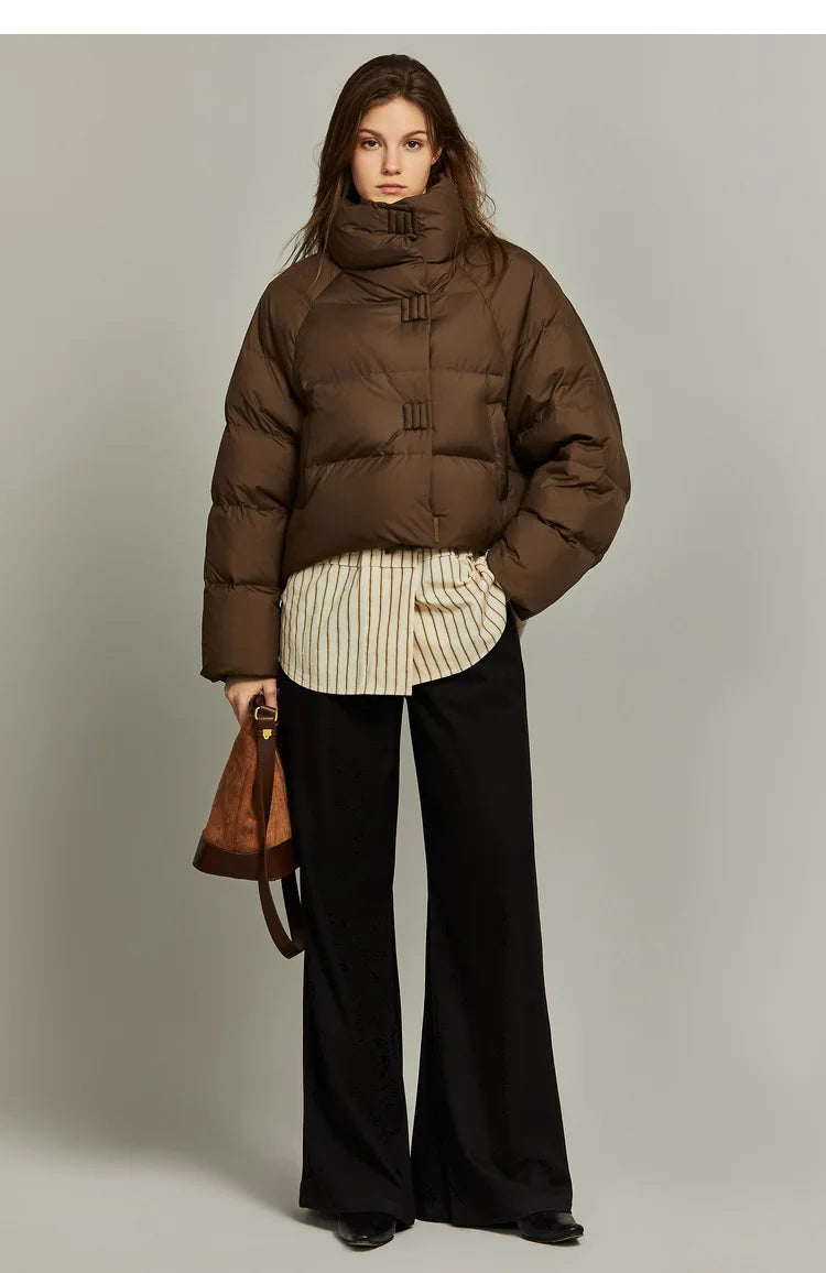 Women's Cropped Quilted Puffer Jacket with High Collar and Snap Buttons