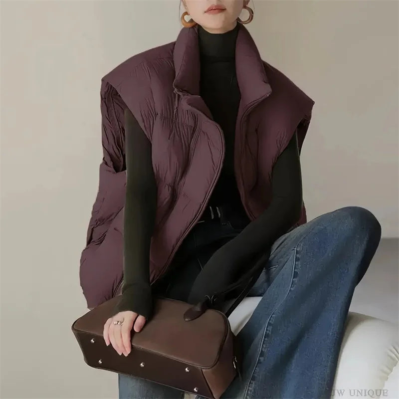 Women's Longline Quilted Puffer Vest with High Collar